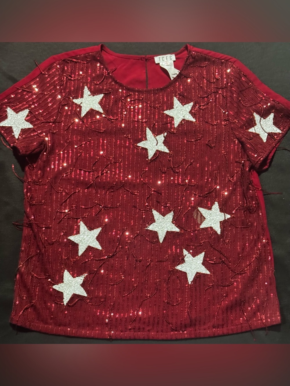 TCEC Game Day Boutique Red Sequin Star Embellished Short Sleeve Top